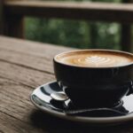 Dampfende Kaffeetasse auf antikem Holztisch, historische Atmosphäre.